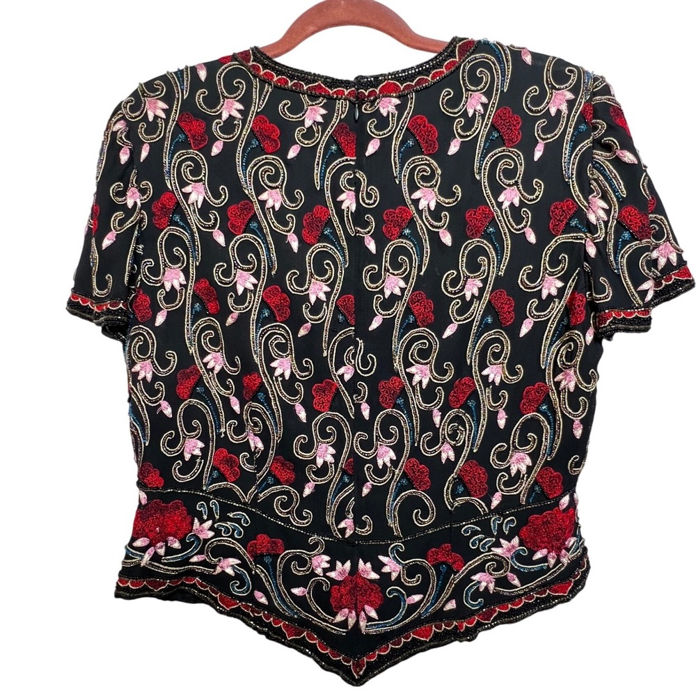 Papell‎ Boutique Evening Silk Beaded Embroidered Floral Top Black Red Pink Large